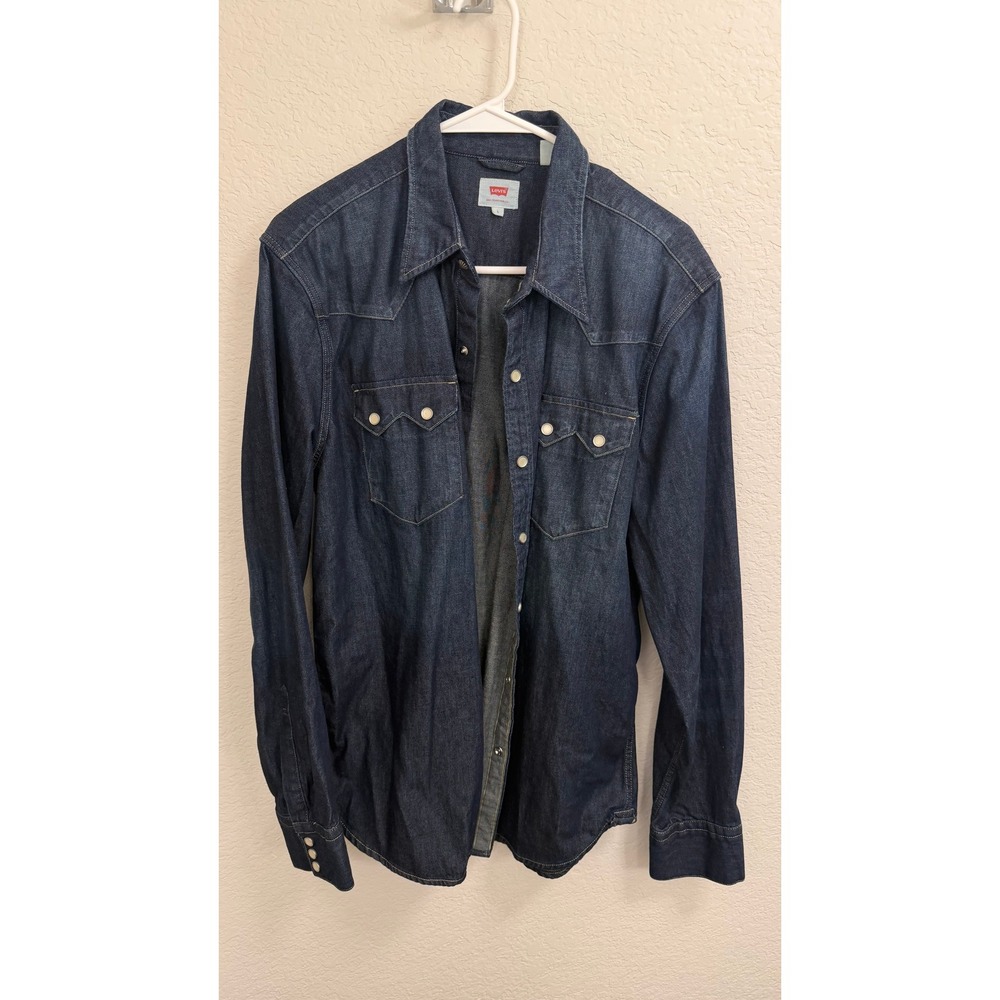 Levis Mens Barstow Western Denim Shirt Dark Indigo Blue Pearl Snap Large